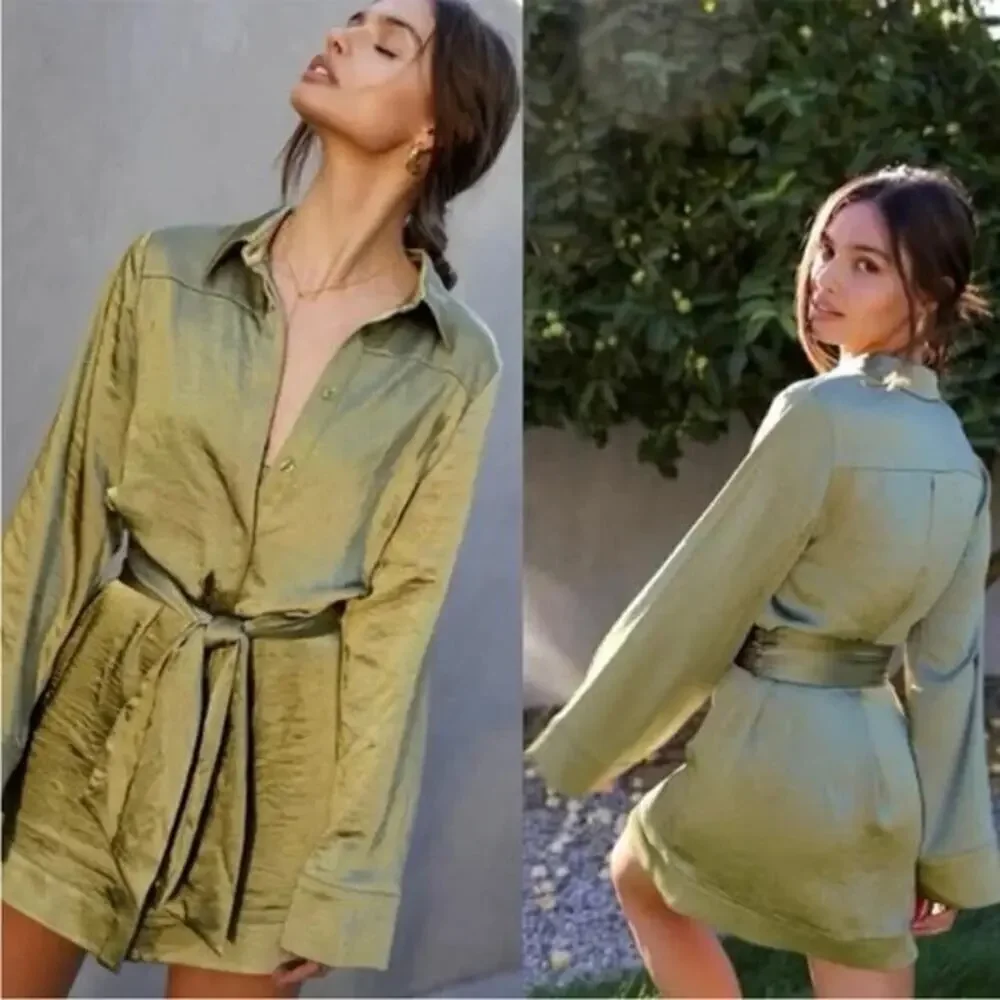 CAMILA COEHLO Priscilla Mini Dress Sage Green Satin Button Up Tie Waist Size XS